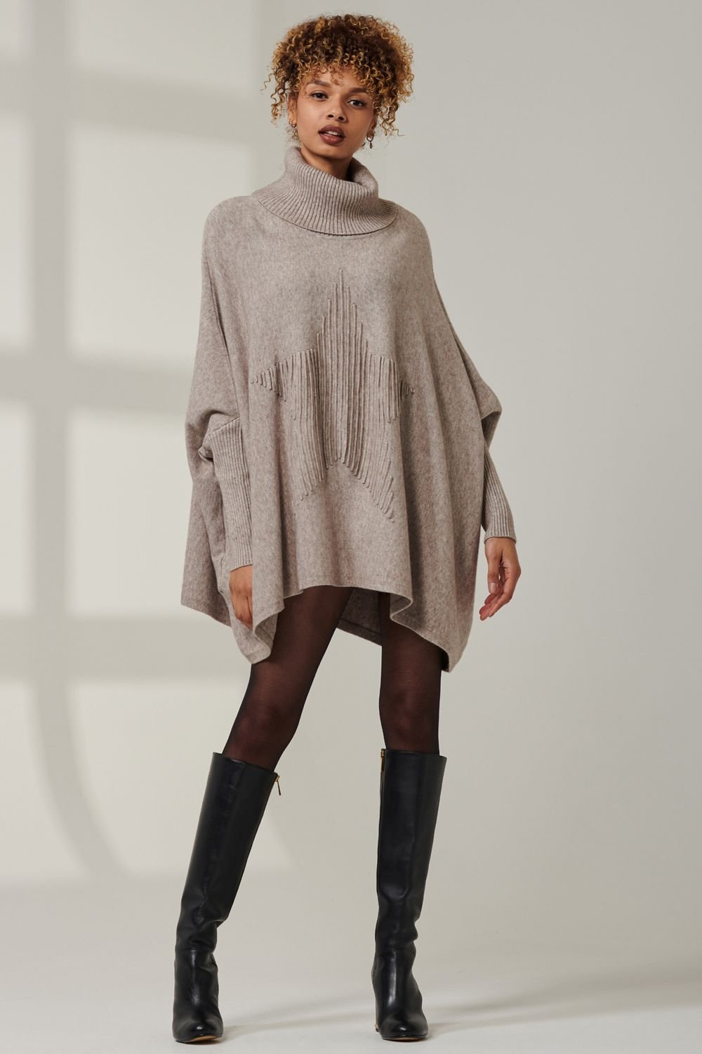 Jolie Moi Jolie Moi Women's Star Front Roll Neck Knit Jumper in Taupe - 2