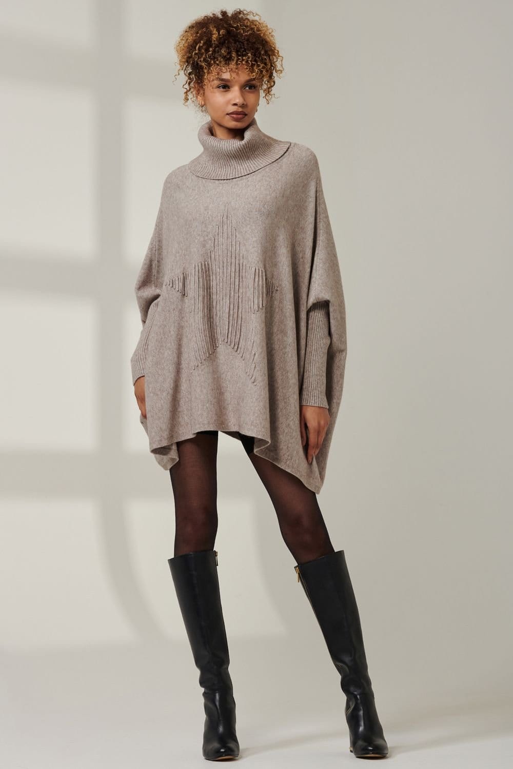 Jolie Moi Jolie Moi Women's Star Front Roll Neck Knit Jumper in Taupe - 4