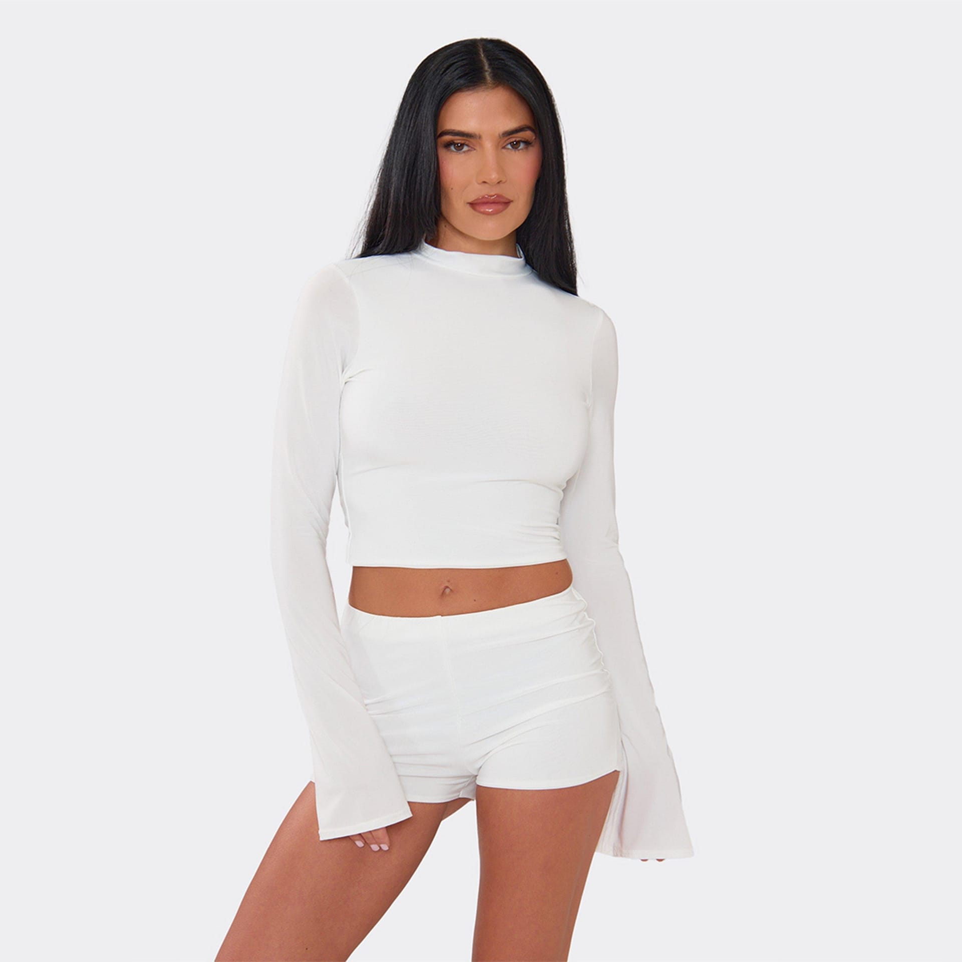 EGO Cream Slinky Bell Sleeve High Neck Top, Women's Size UK 6