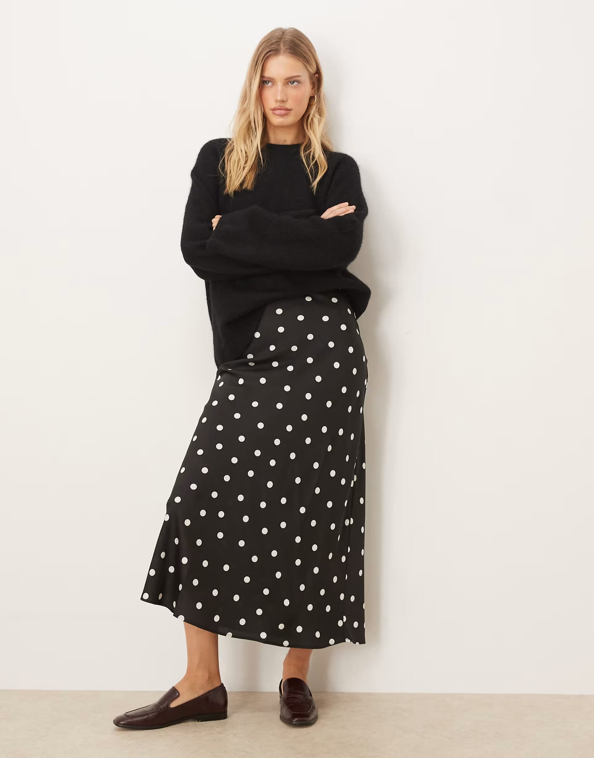 Vila Black and White Polka Dot Satin Maxi Skirt