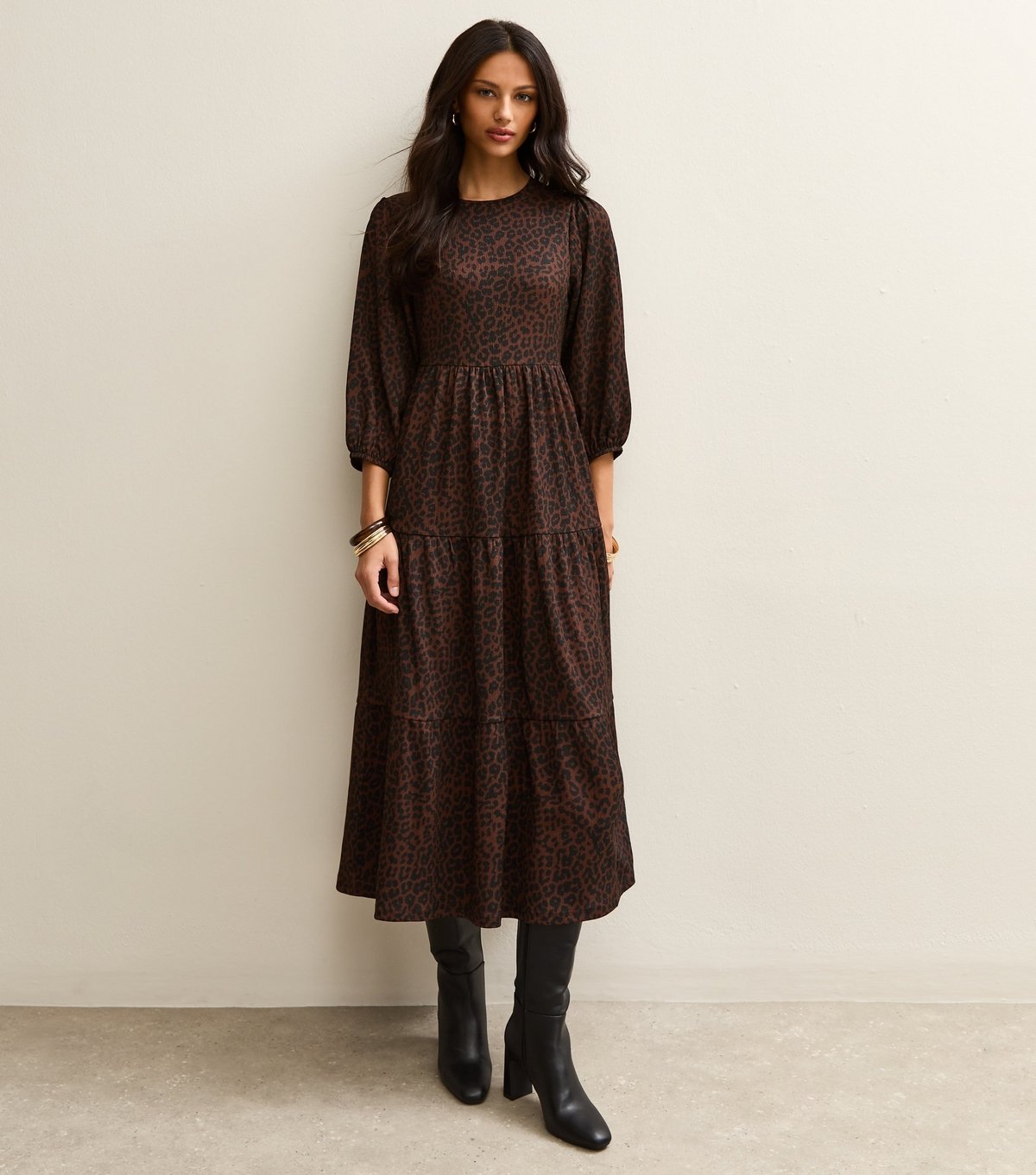 New Look Women's Brown Animal Print Crinkled Tiered Midi Dress New Look - 3
