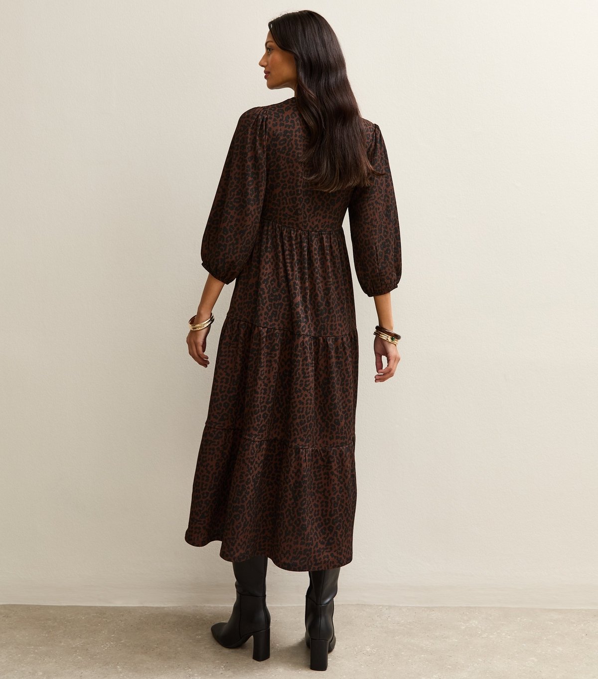 New Look Women's Brown Animal Print Crinkled Tiered Midi Dress New Look - 4