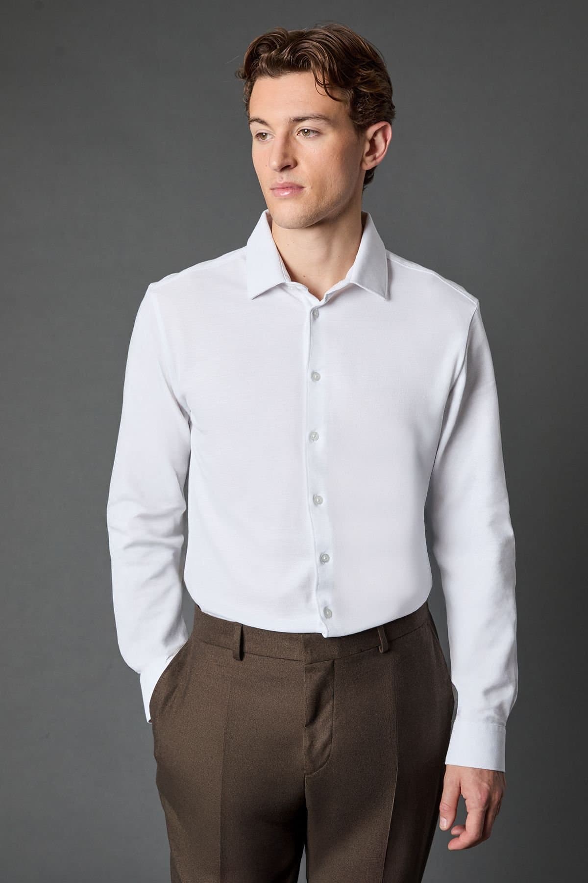 Burton Burton Men's White Pique Slim Fit Long Sleeve Shirt