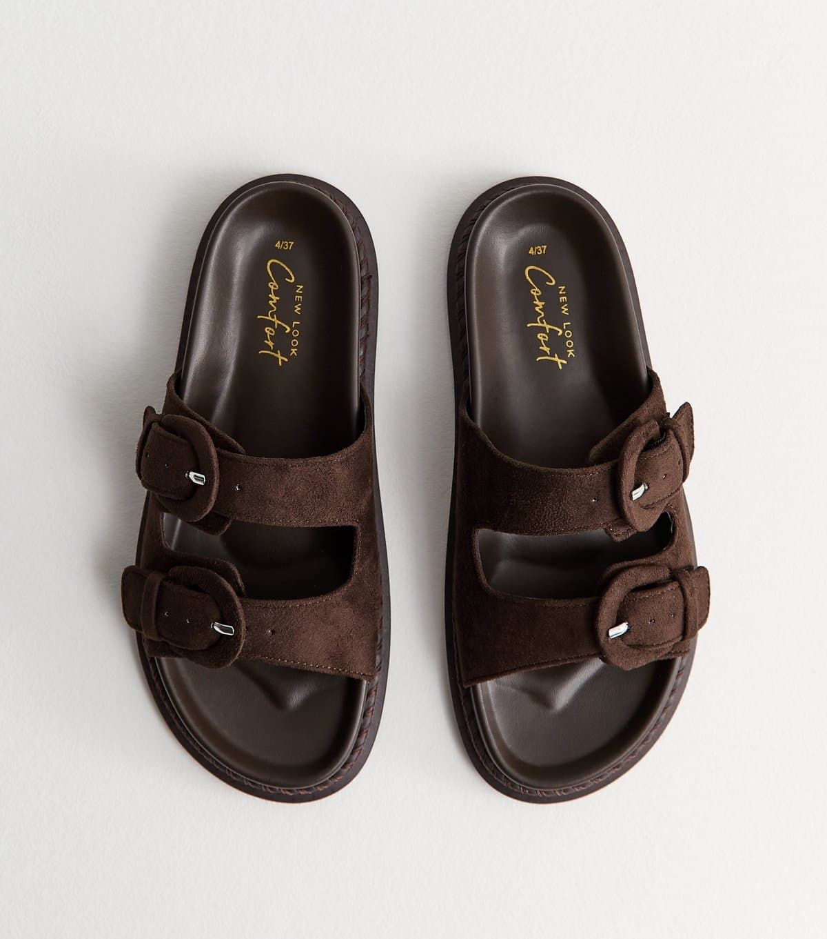 New Look Women's Dark Brown Faux Suede Double Buckled Strap Sandals Vegan New Look