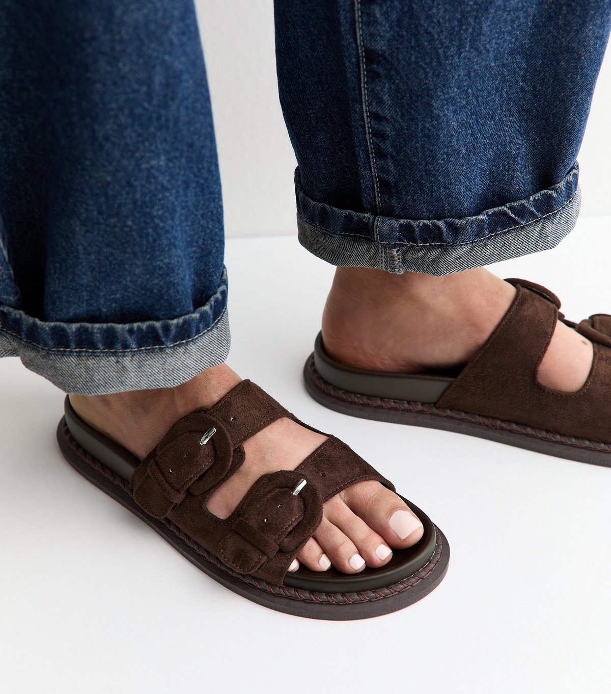 New Look Women's Dark Brown Faux Suede Double Buckled Strap Sandals Vegan New Look - 2