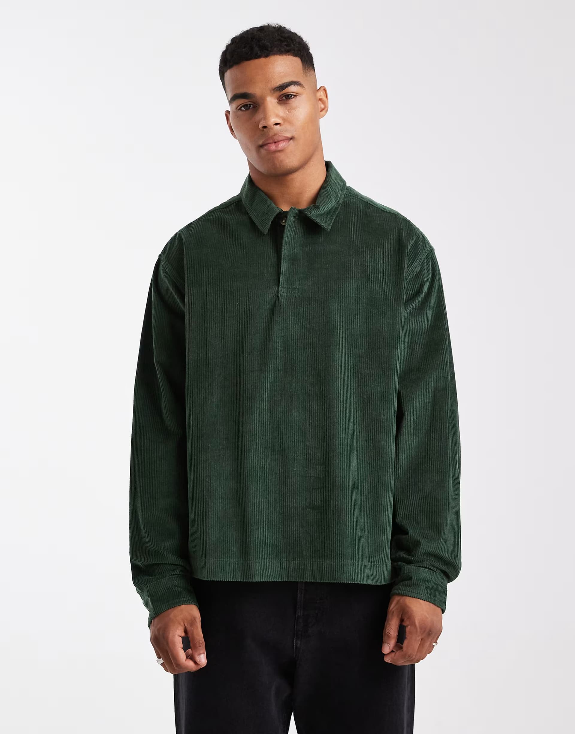 ASOS ASOS DESIGN boxy oversized cord rugby shirt in dark green