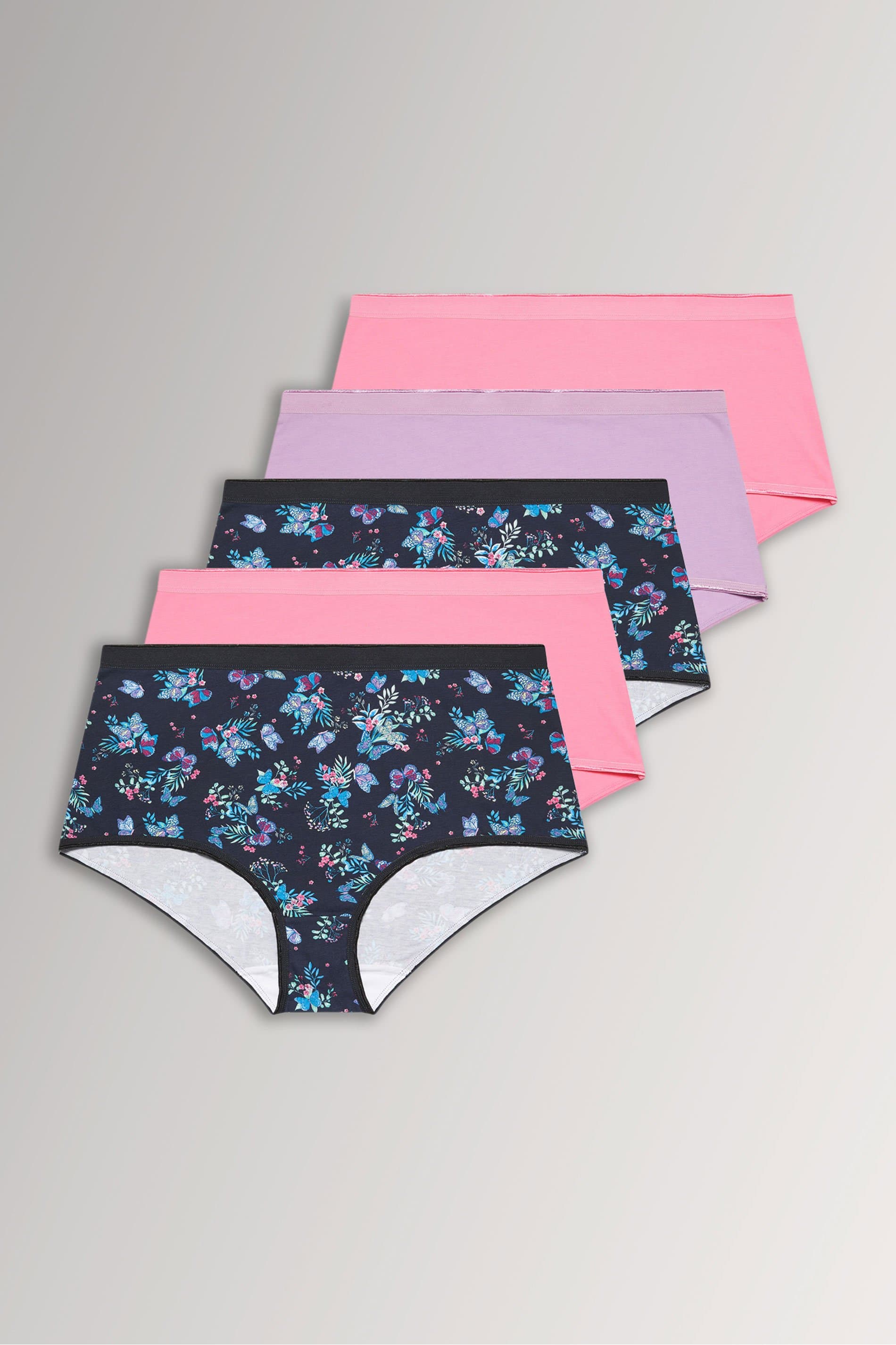Yours 5 Pack Plus Size Pink & Navy Blue Floral Butterfly Full Briefs
