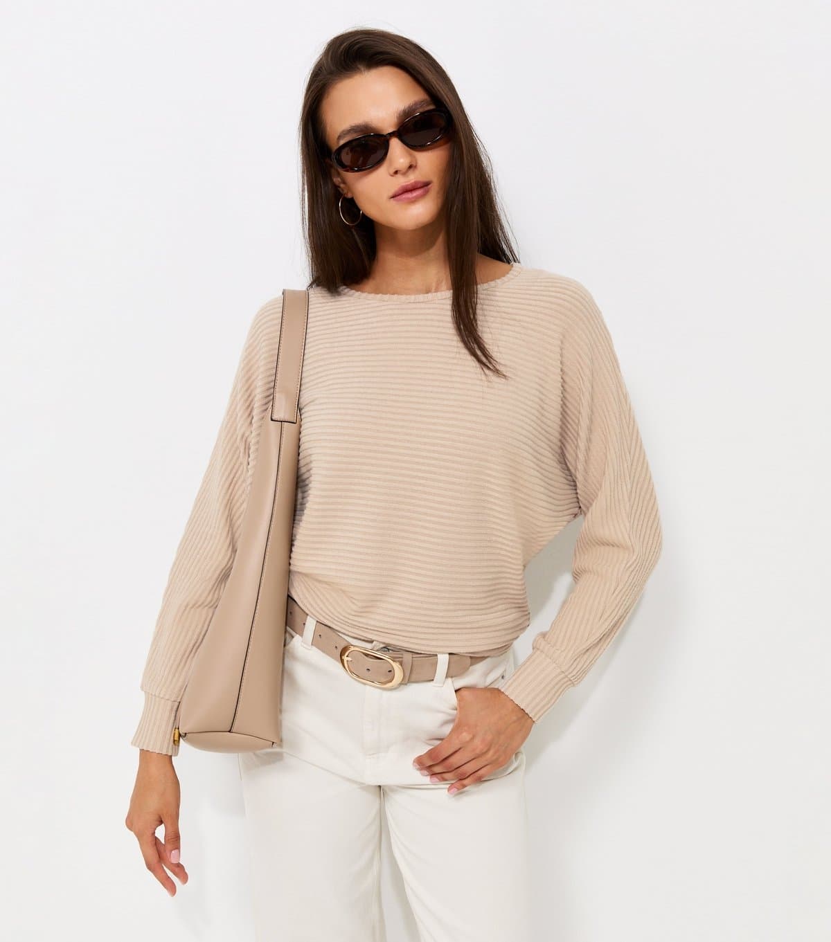 New Look Women's Cream Soft Touch Ribbed Batwing Sleeve Top New Look
