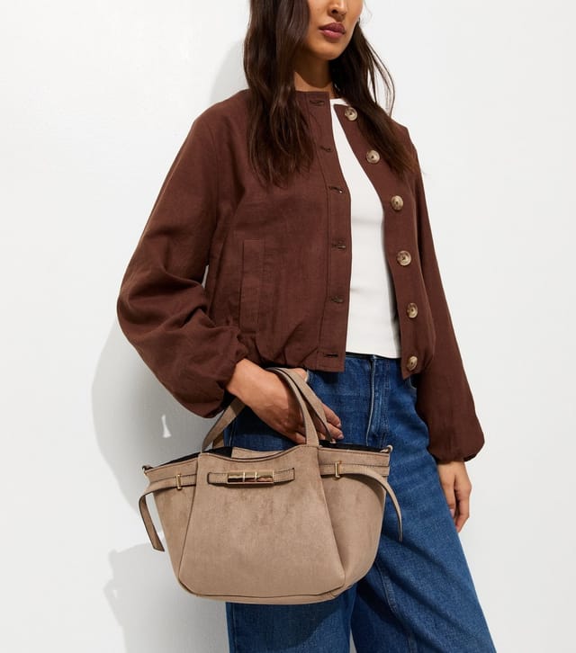 New Look Mink Faux Suede Mini Belted Wing Tote Bag Vegan New Look - 2