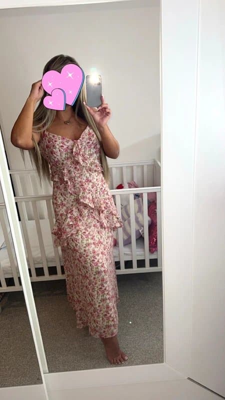 New Look Pink floral print ruffle trim midi dress