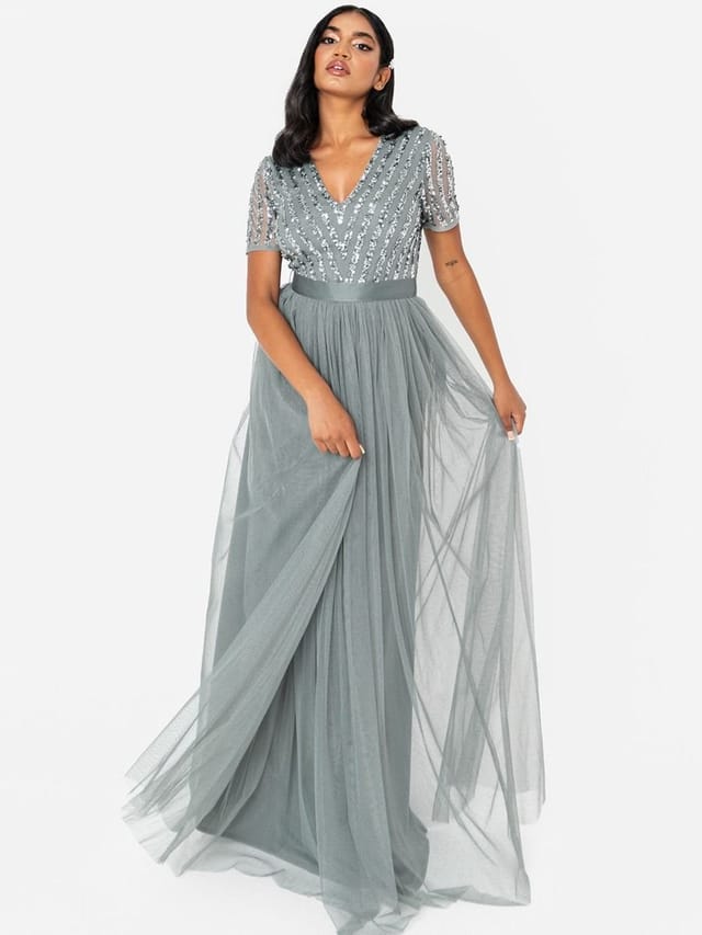 Maya Deluxe Maya Deluxe Women's Belted Stripe Embellished Maxi Dress in Teal - 2