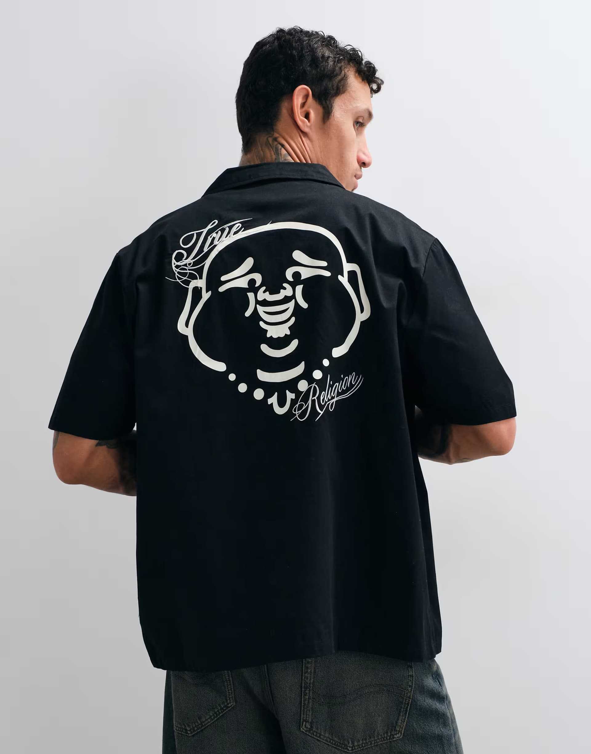 ASOS True Religion full zip through short sleeve buddha back print shirt in black