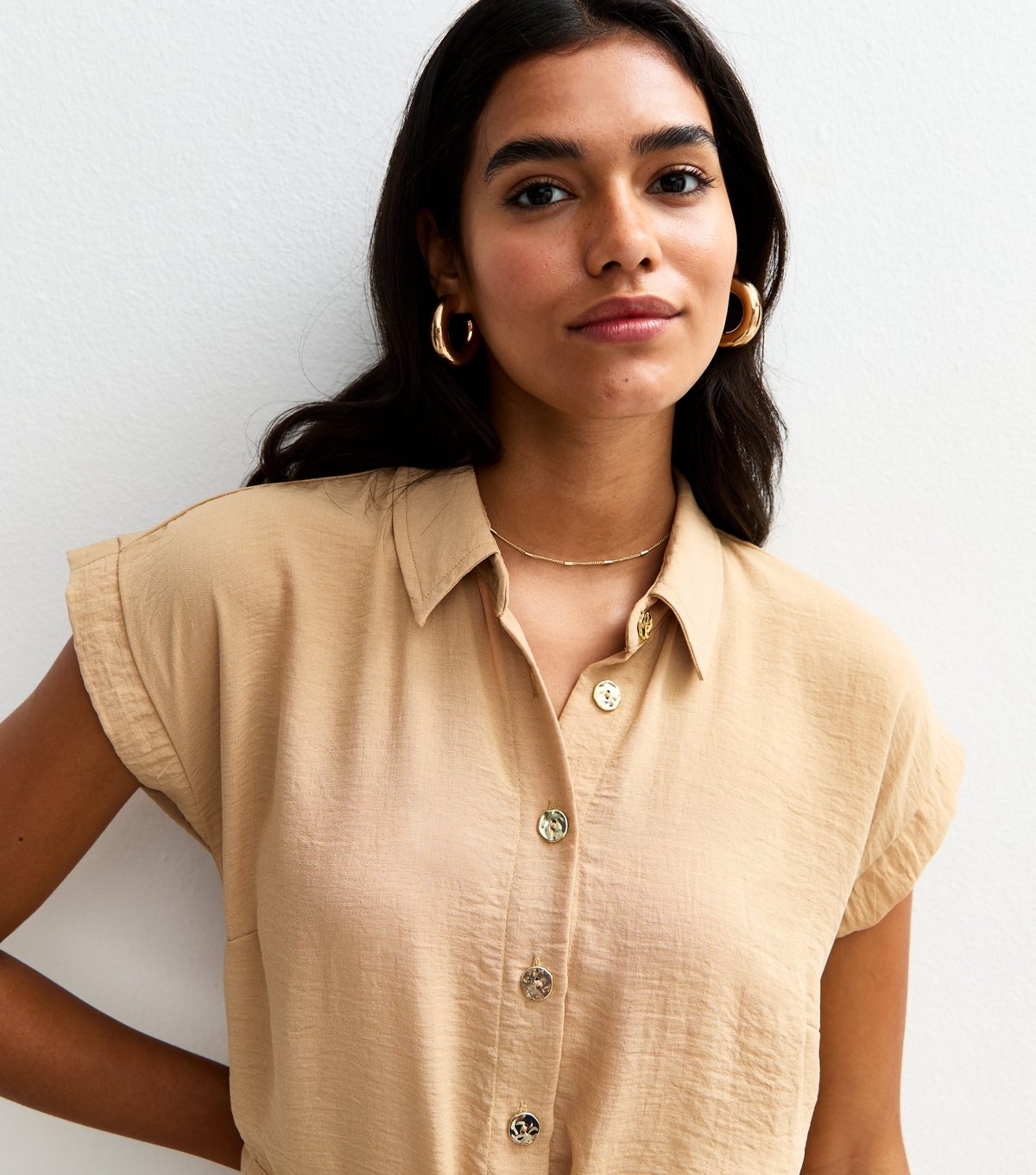 New Look Women's Stone Drawstring Waist Short Sleeve Mini Shirt Dress New Look - 3