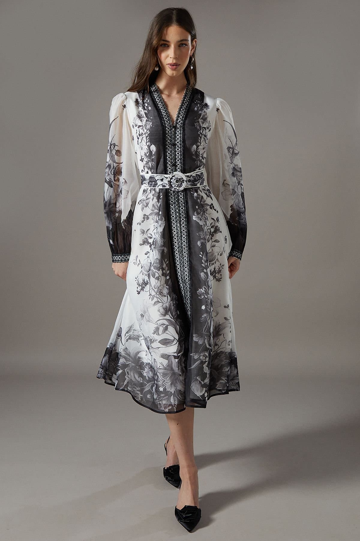Coast Coast Women's Border Printed Organza Shirt Dress in Mono