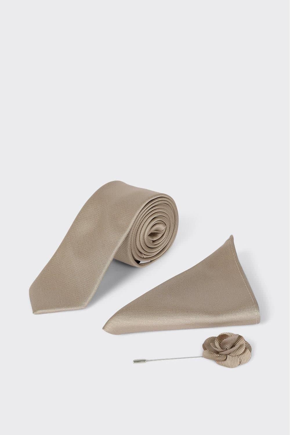 Burton Burton Men's Champagne Slim Tie With Pocket Square & Pin