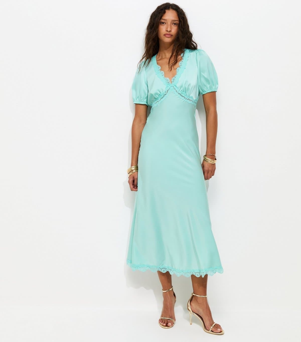 New Look Women's Light Blue Satin Lace Trim Tea Midi Dress New Look