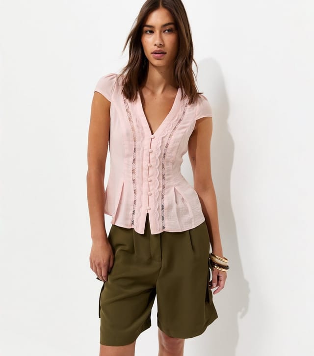 New Look Women's Light Pink Lace Trim Cap Sleeve Blouse New Look - 2