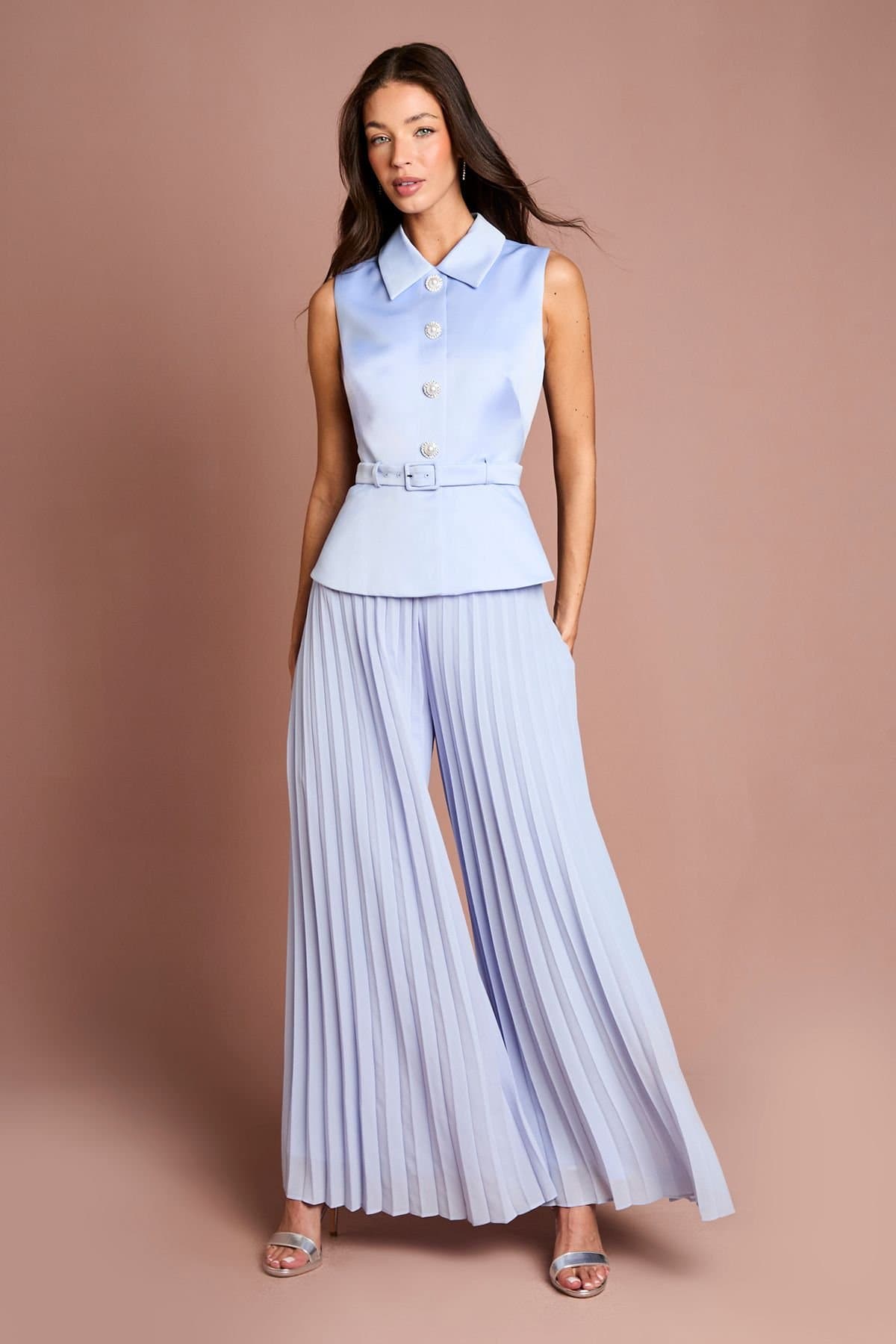 Coast Coast Women's Collared Peplum Pleated Georgette Trouser Jumpsuit in Cornflower Blue