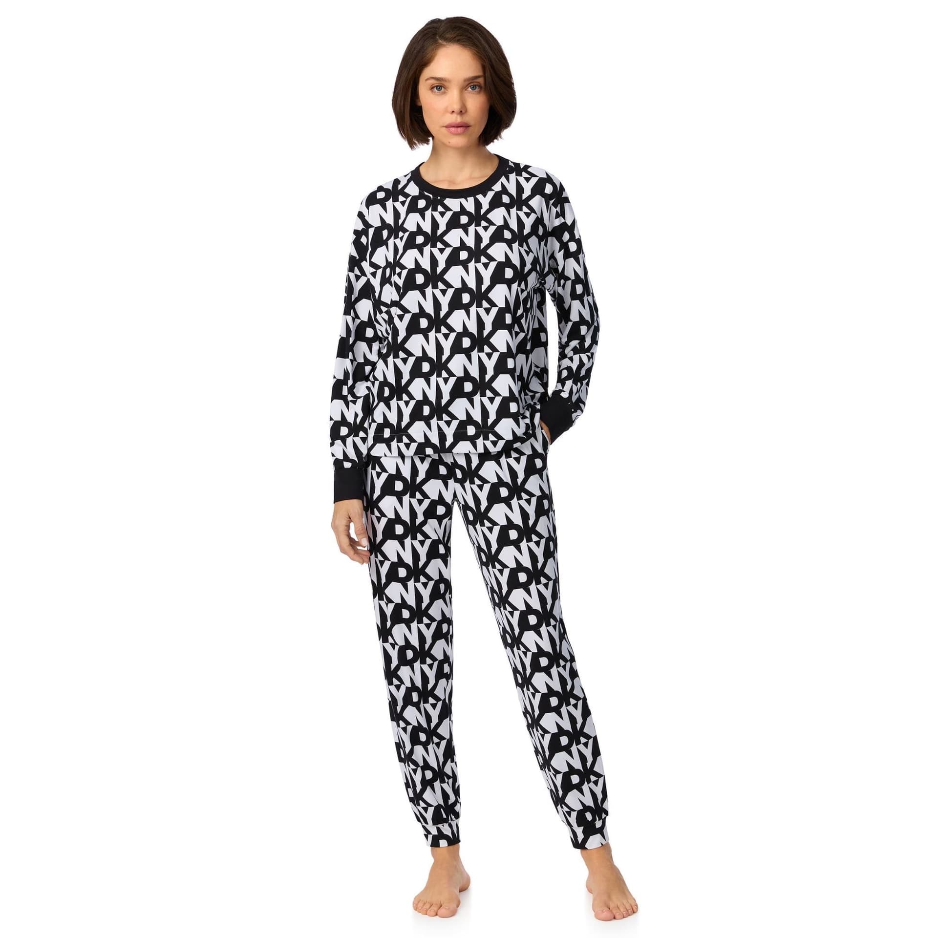 DKNY DKNY Women's Long Sleeve Top & Jogger Sleep Set in White Logo Stack in Black