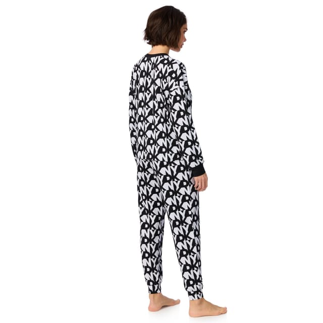 DKNY DKNY Women's Long Sleeve Top & Jogger Sleep Set in White Logo Stack in Black - 2