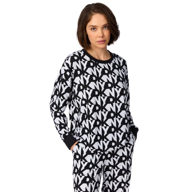 DKNY DKNY Women's Long Sleeve Top & Jogger Sleep Set in White Logo Stack in Black - 3