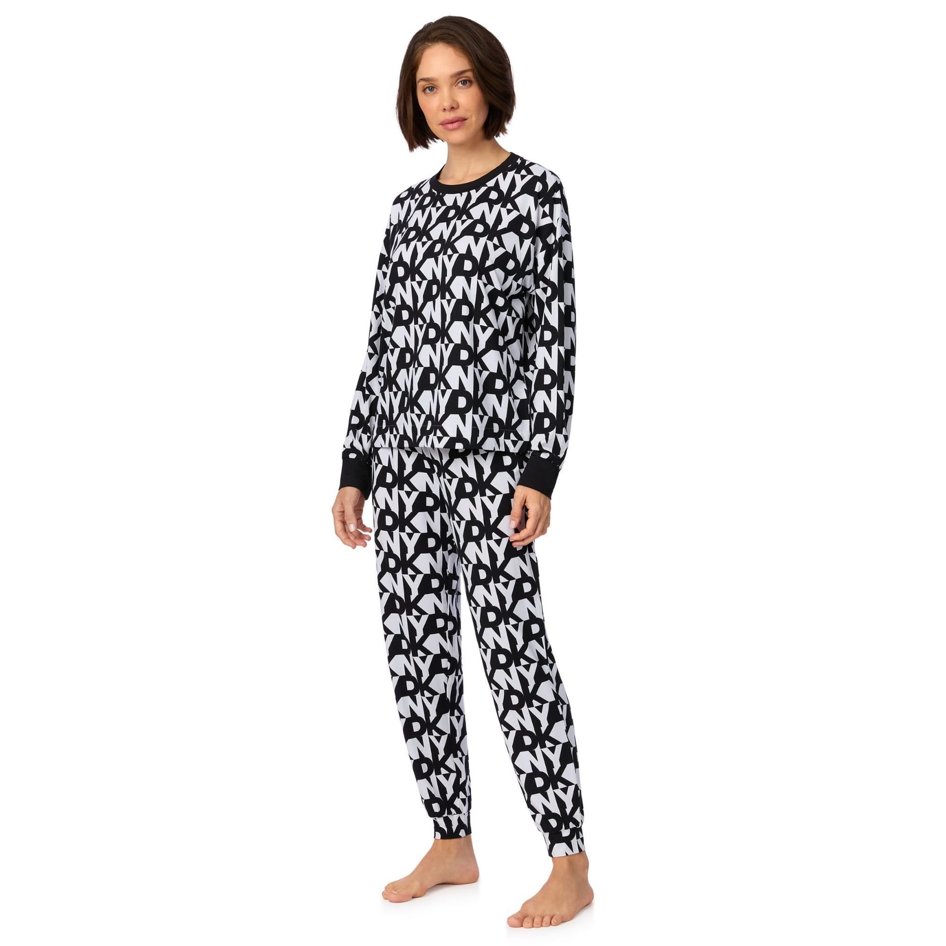 DKNY DKNY Women's Long Sleeve Top & Jogger Sleep Set in White Logo Stack in Black - 4