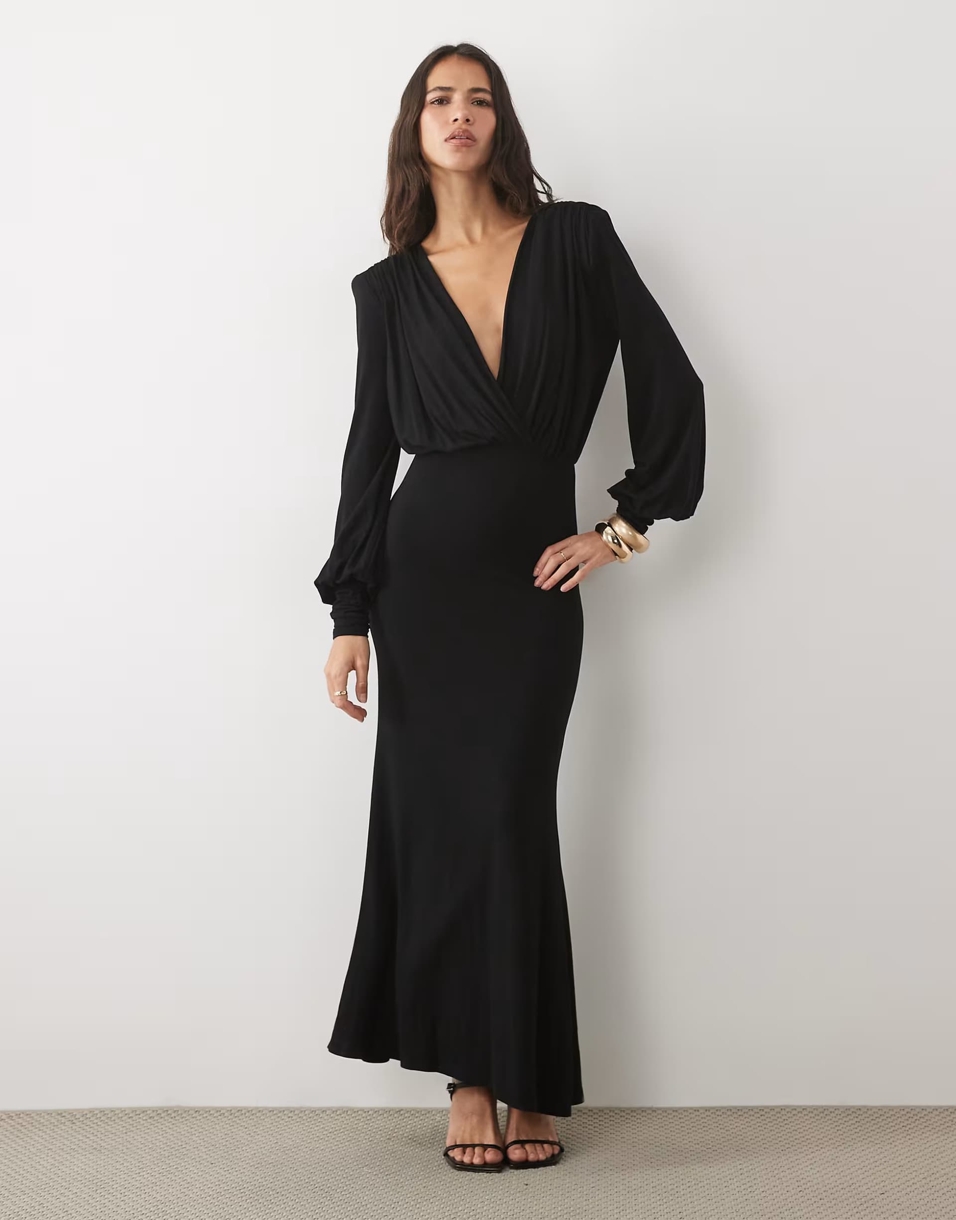 ASOS ASOS DESIGN long sleeve deep plunge maxi dress with shoulder pads in black