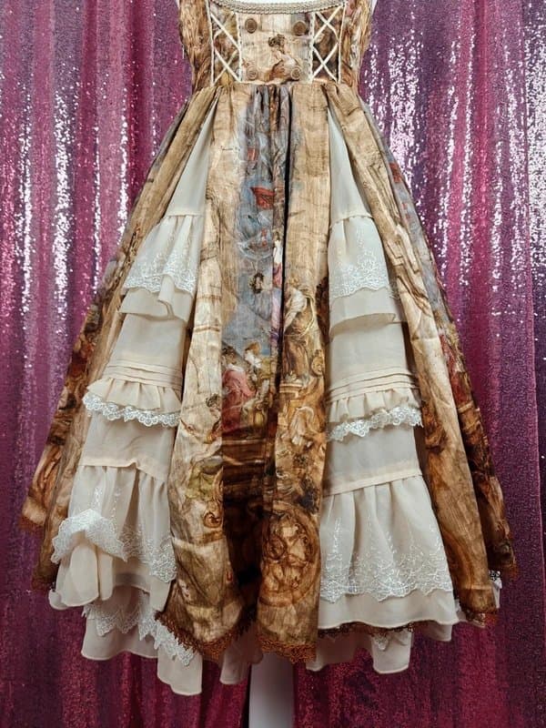 Lolita 璎珞芙 oil painting print cream lace frilly classic Lolita JSK midi dress size XS-S