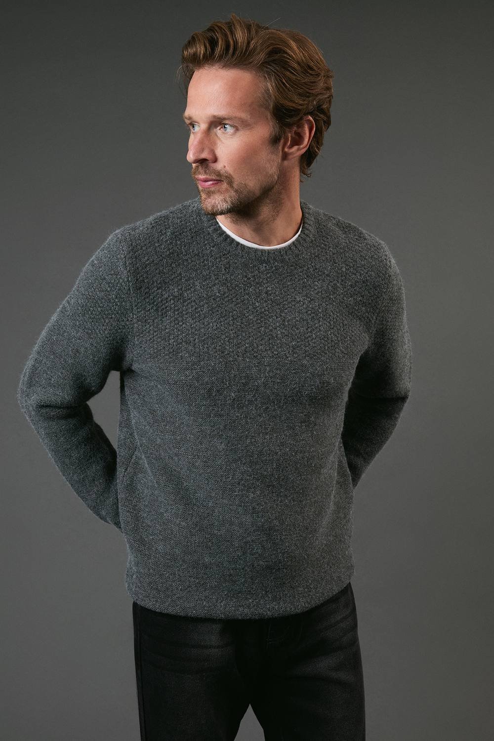 Maine Maine Men's Tuck Stitch Yoke Crew Neck Jumper in Charcoal - 2