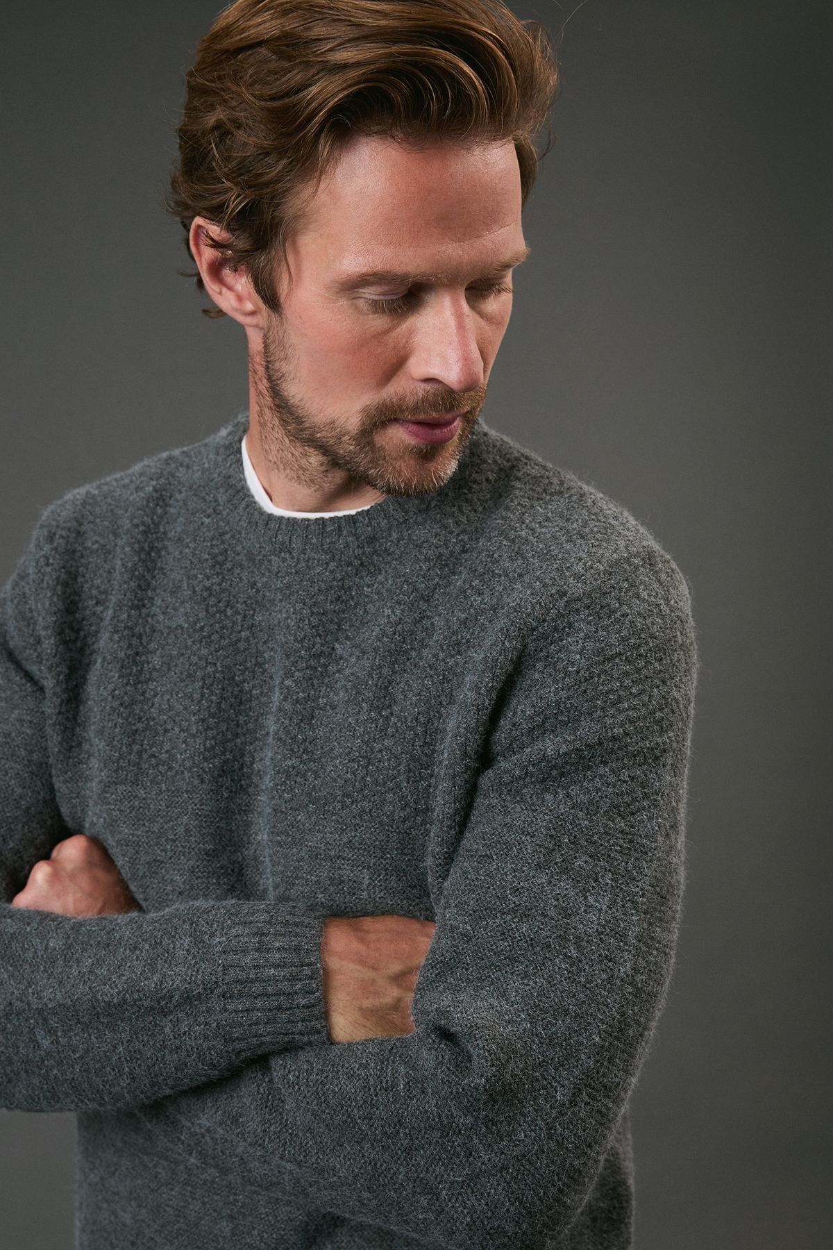 Maine Maine Men's Tuck Stitch Yoke Crew Neck Jumper in Charcoal - 4