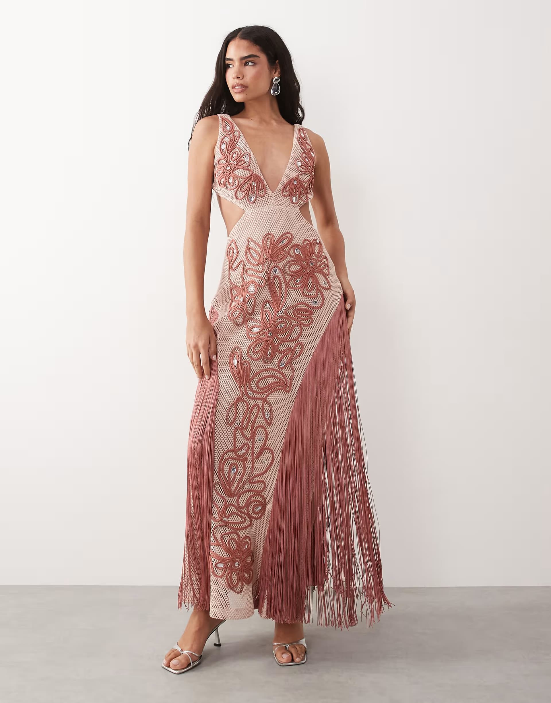 ASOS ASOS LUXE embellished beach maxi dress with pink fringe detail