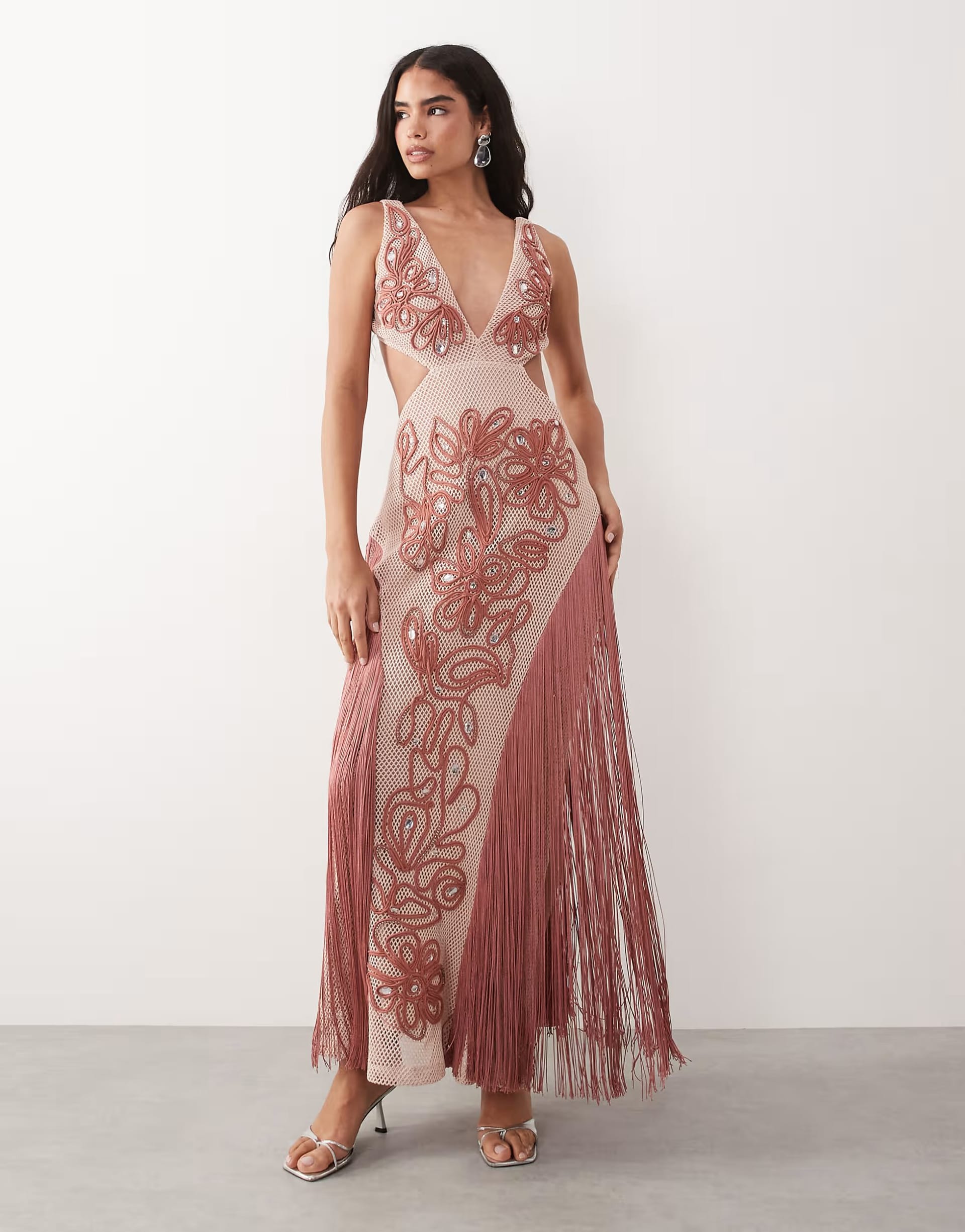 ASOS LUXE Pink Embellished Beach Maxi Dress with Fringe Detail