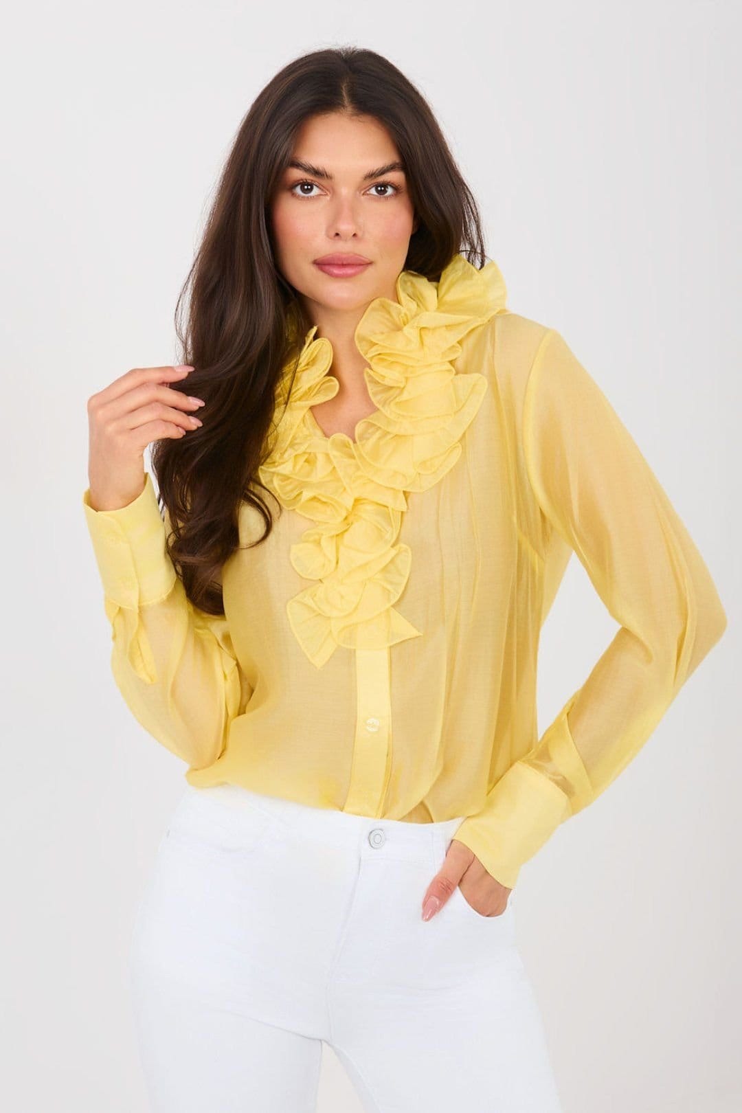 Love Lace Yellow Sheer Tencel Long Sleeve Shirt with Jabot