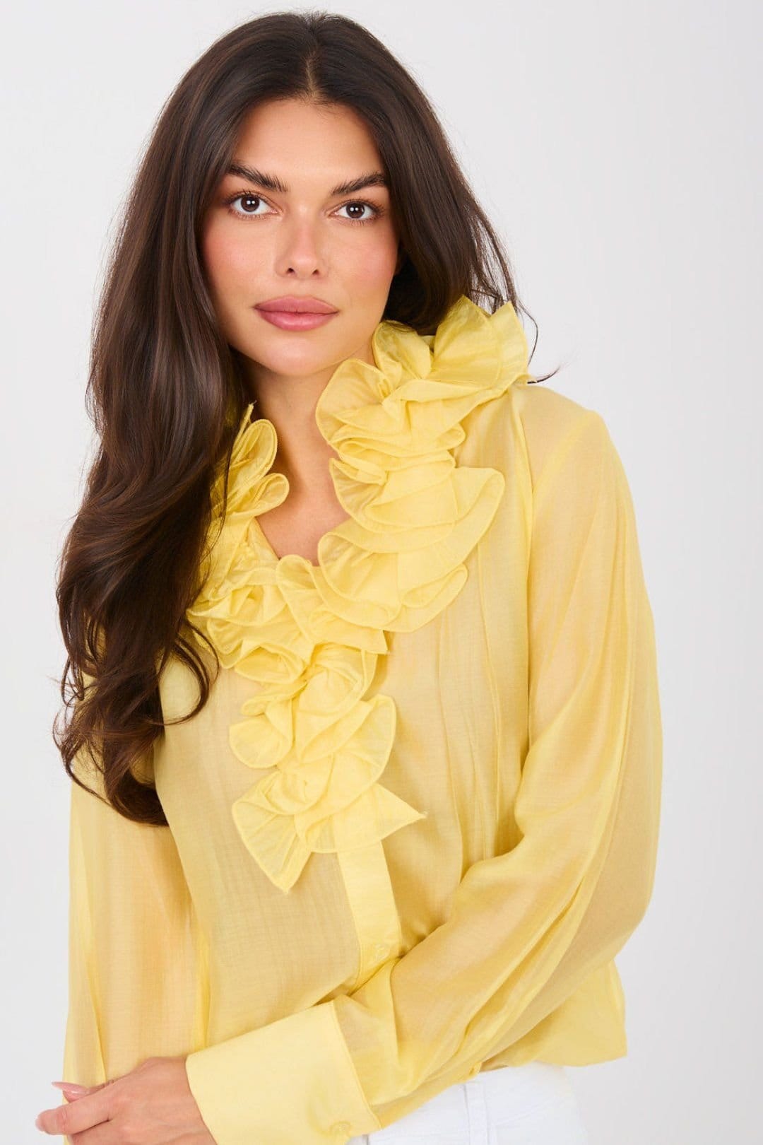 Love Lace Love Lace Women's Sheer Tencel Long Sleeve Shirt with Jabot in Yellow - 4