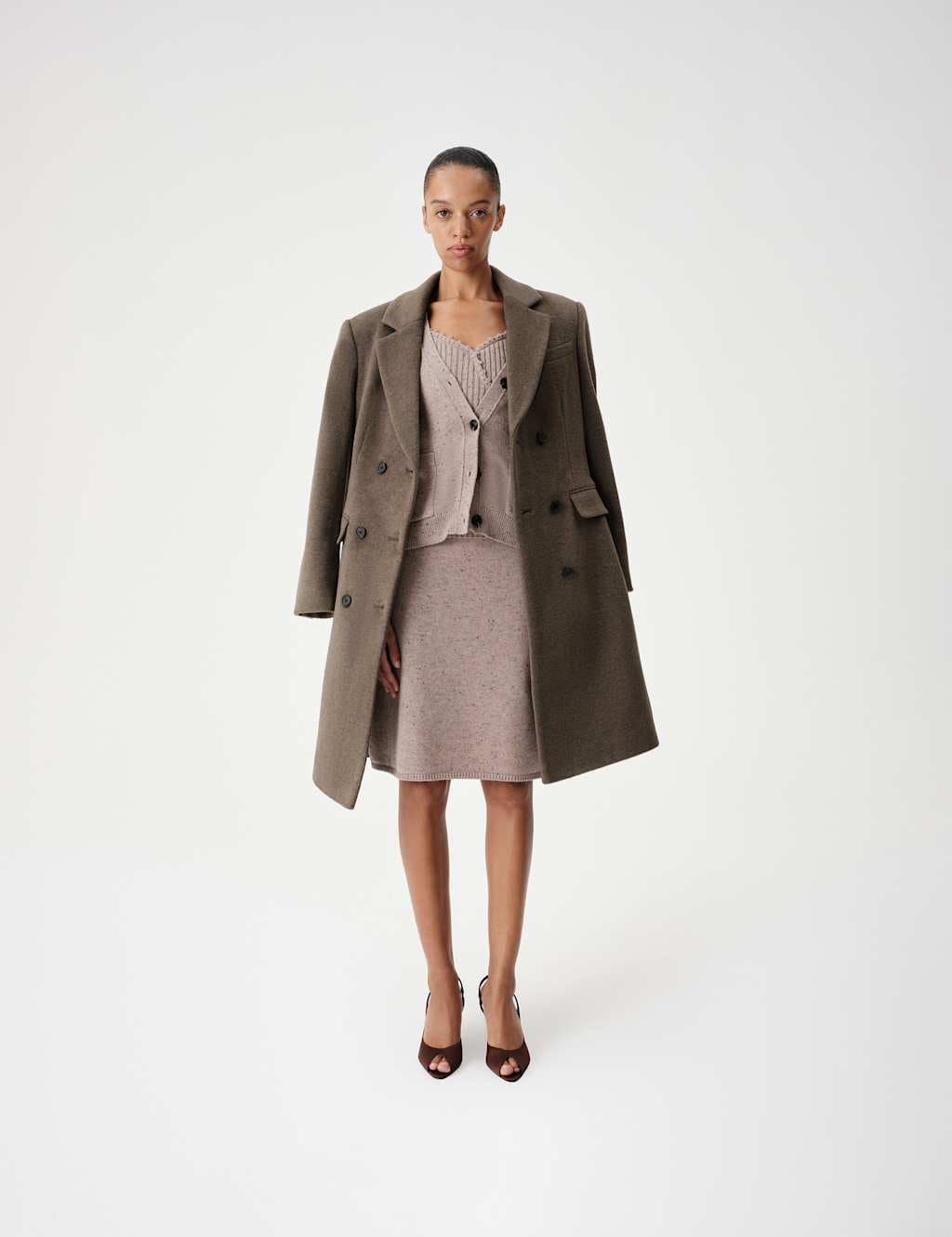 Marks & Spencer M&S Double Breasted Collared Longline Coat Brown Marl