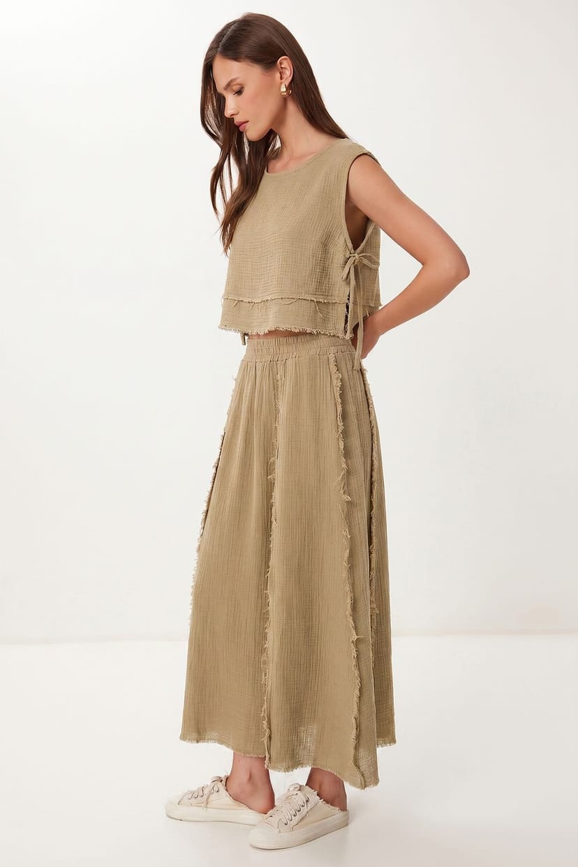 Happiness Istanbul Happiness Istanbul Women's Cotton Sleeveless Blouse & Wide-Leg Skirt Set in Khaki - 1
