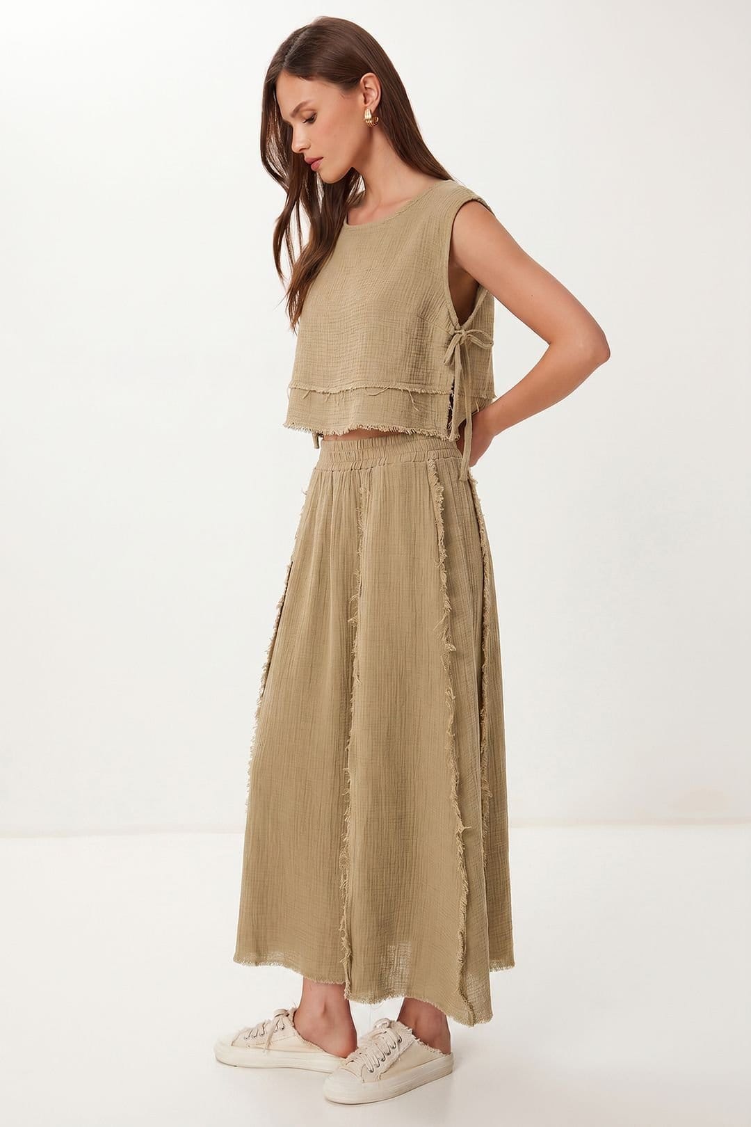 Happiness Istanbul Happiness Istanbul Women's Cotton Sleeveless Blouse & Wide-Leg Skirt Set in Khaki - 1