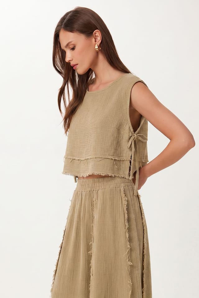 Happiness Istanbul Happiness Istanbul Women's Cotton Sleeveless Blouse & Wide-Leg Skirt Set in Khaki - 2