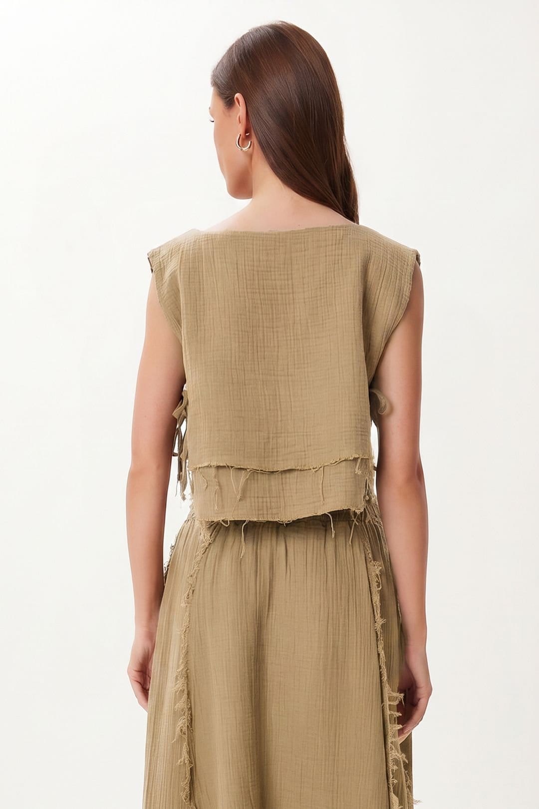 Happiness Istanbul Happiness Istanbul Women's Cotton Sleeveless Blouse & Wide-Leg Skirt Set in Khaki - 4