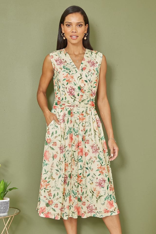 Yumi Yumi Women's Ivory Floral Print Mesh Stretch Midi Dress With Pockets - 2