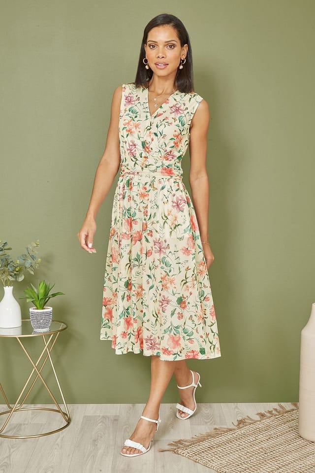 Yumi Yumi Women's Ivory Floral Print Mesh Stretch Midi Dress With Pockets - 3