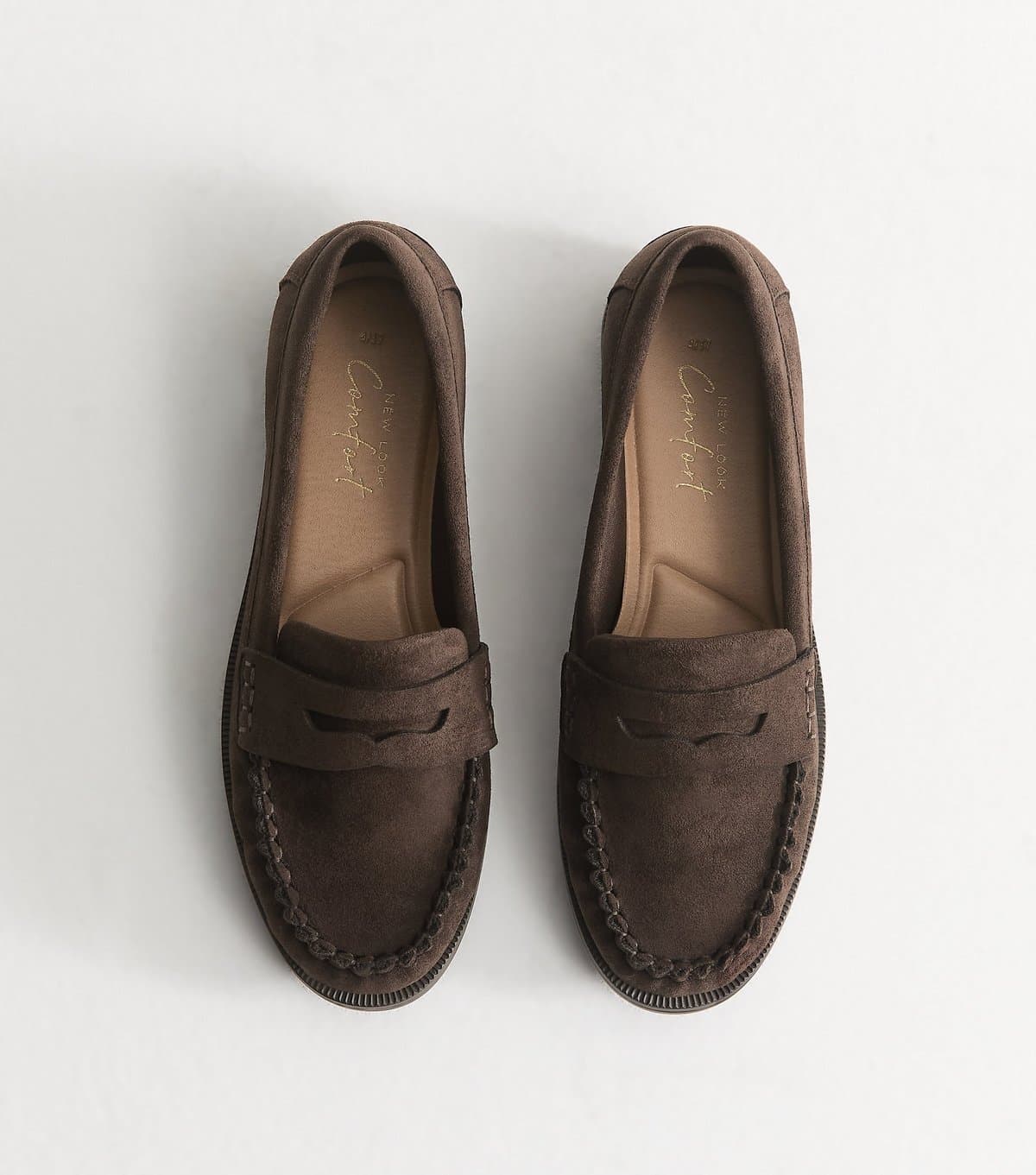 New Look Women's Dark Brown Faux Suede Penny Slot Loafers Vegan New Look
