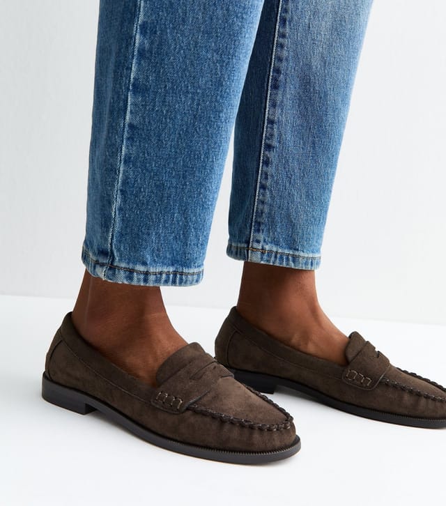 New Look Women's Dark Brown Faux Suede Penny Slot Loafers Vegan New Look - 2