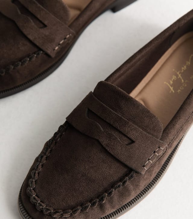 New Look Women's Dark Brown Faux Suede Penny Slot Loafers Vegan New Look - 3