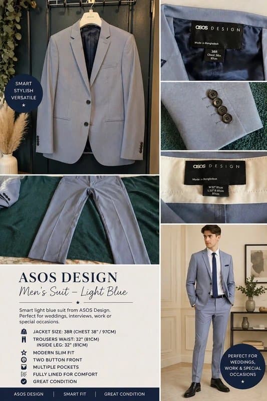 ASOS ASOS Design Men’s Suit (Light Blue, 38R Jacket / 32W 32L Trousers)