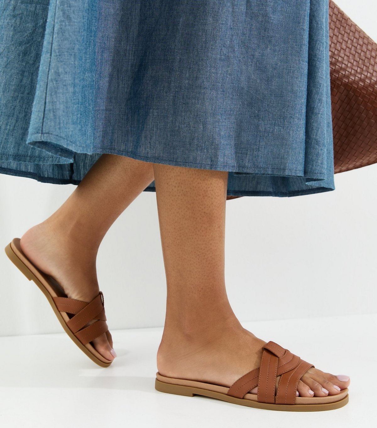 New Look Women's Extra Wide Fit Tan Interwoven Strap Faux Leather Mules Vegan New Look - 2