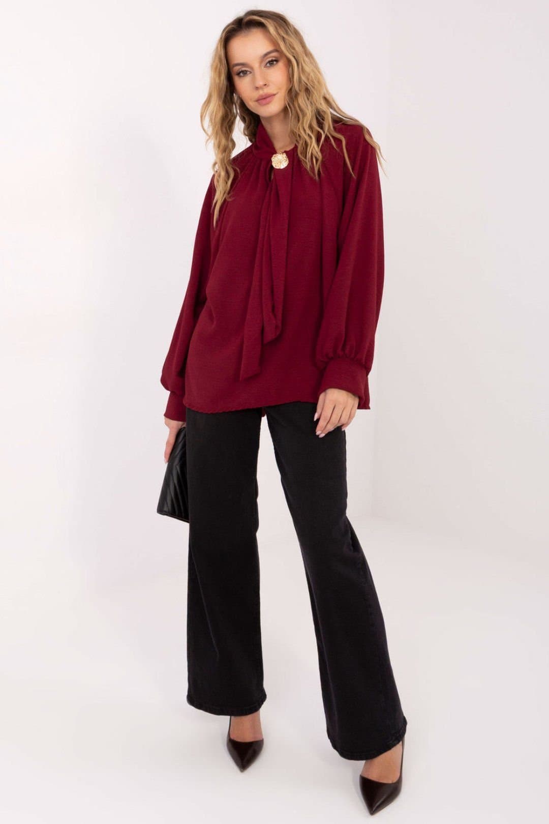 Love Lace Love Lace Women's Viscose Tie Neck Puff Sleeve Blouse Brooch in Burgundy