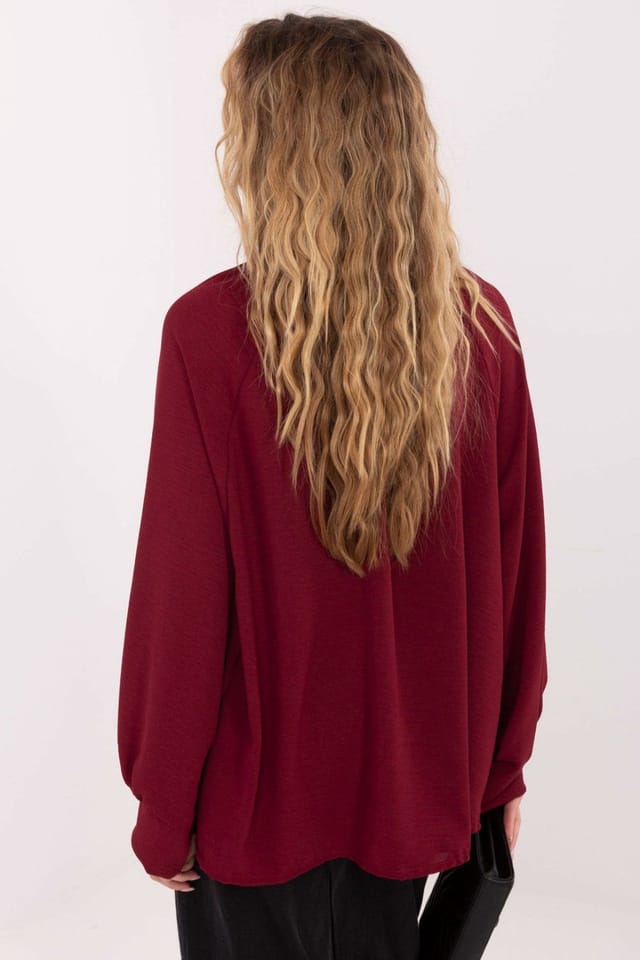Love Lace Love Lace Women's Viscose Tie Neck Puff Sleeve Blouse Brooch in Burgundy - 2