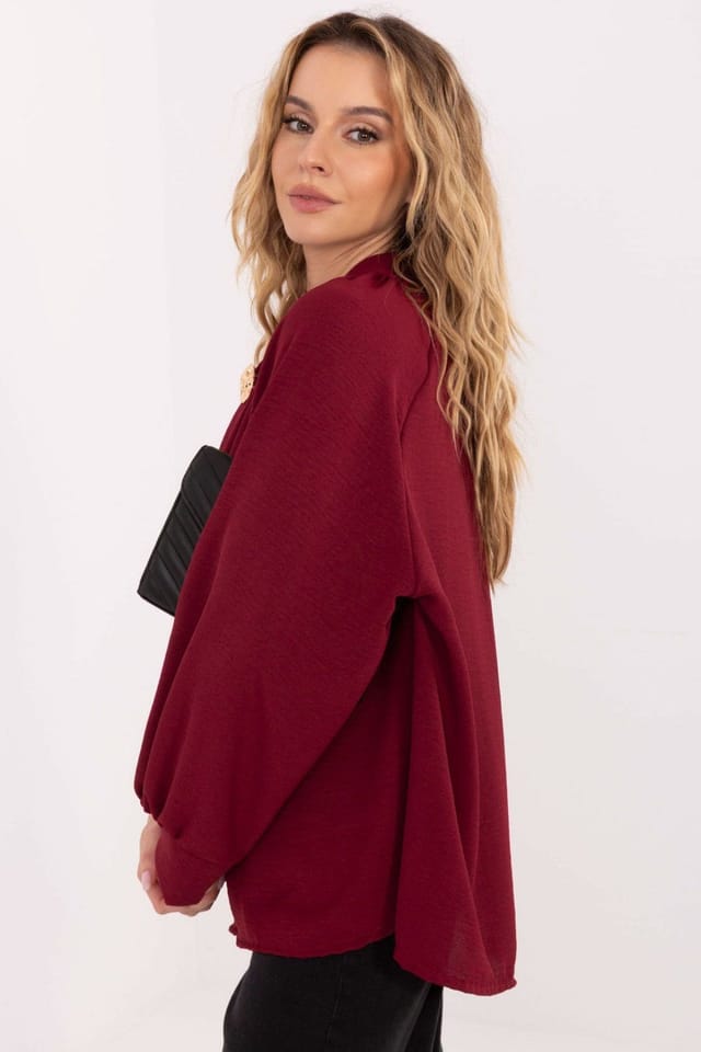 Love Lace Love Lace Women's Viscose Tie Neck Puff Sleeve Blouse Brooch in Burgundy - 3