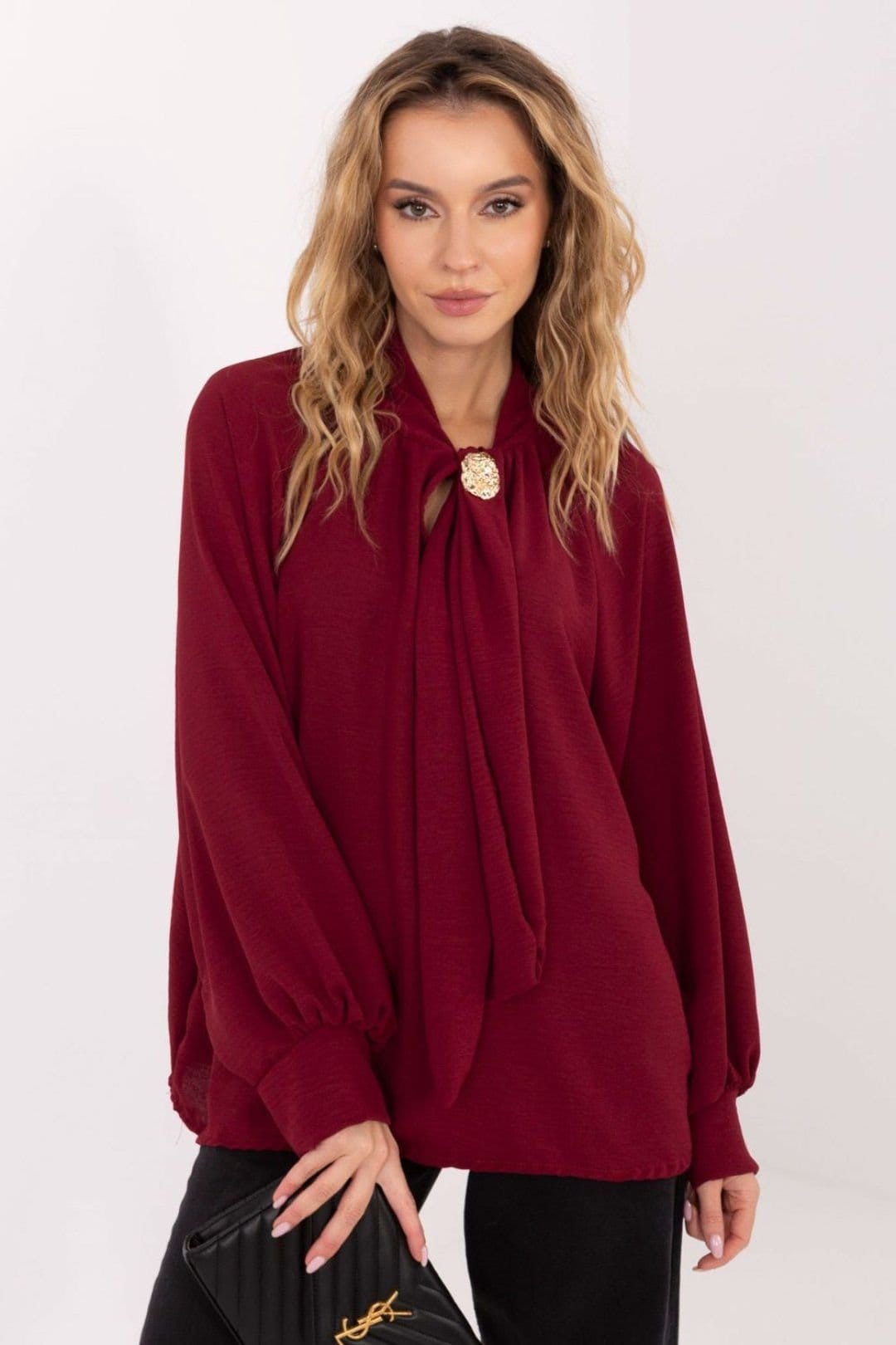 Love Lace Love Lace Women's Viscose Tie Neck Puff Sleeve Blouse Brooch in Burgundy - 4